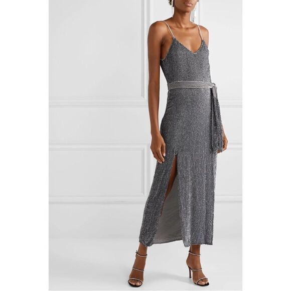 Retrofete Rebecca  Grey Velvet Trimmed Sequined Chiffon Dress ( No Belt) - Picture 2 of 11